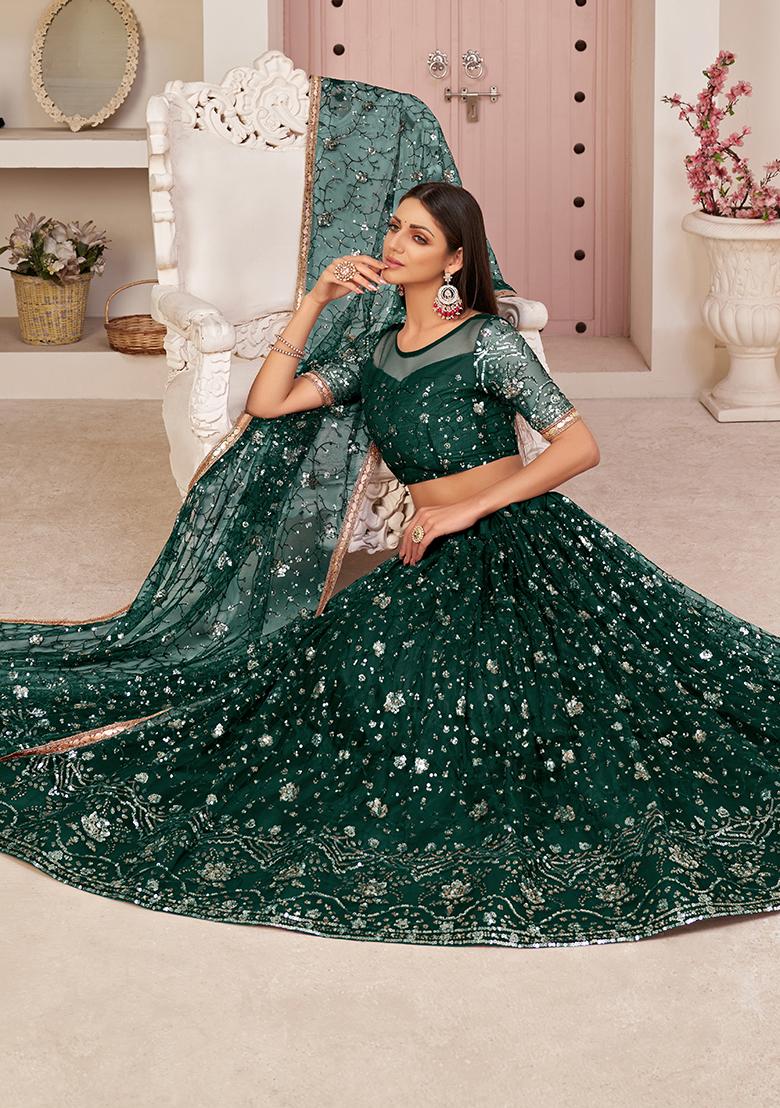 Parrot Green Embroidery Net Lehenga Set - Indya