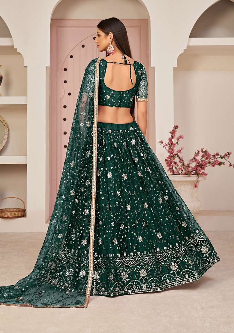 Parrot Green Embroidery Net Lehenga Set for Diwali and Festive Wear - Indya