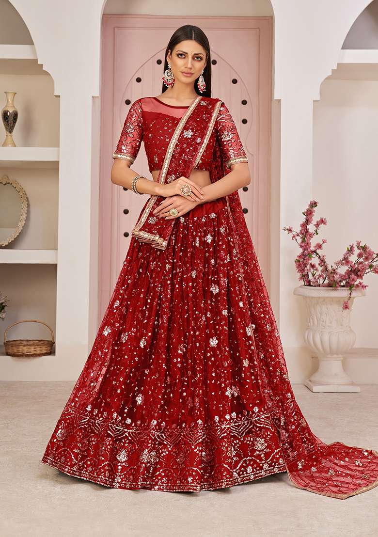 Red Embroidery Net Lehenga Set for Diwali and Festive Wear - Indya