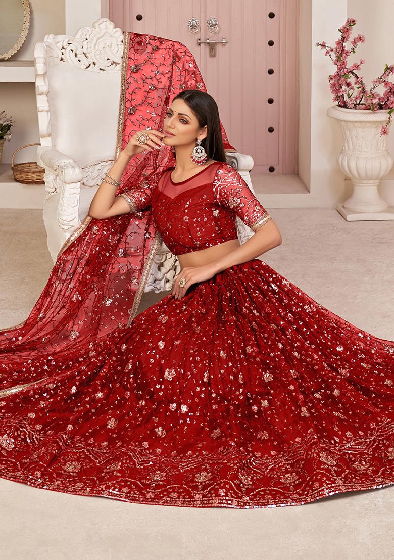 Red Embroidery Net Lehenga Set - Indya