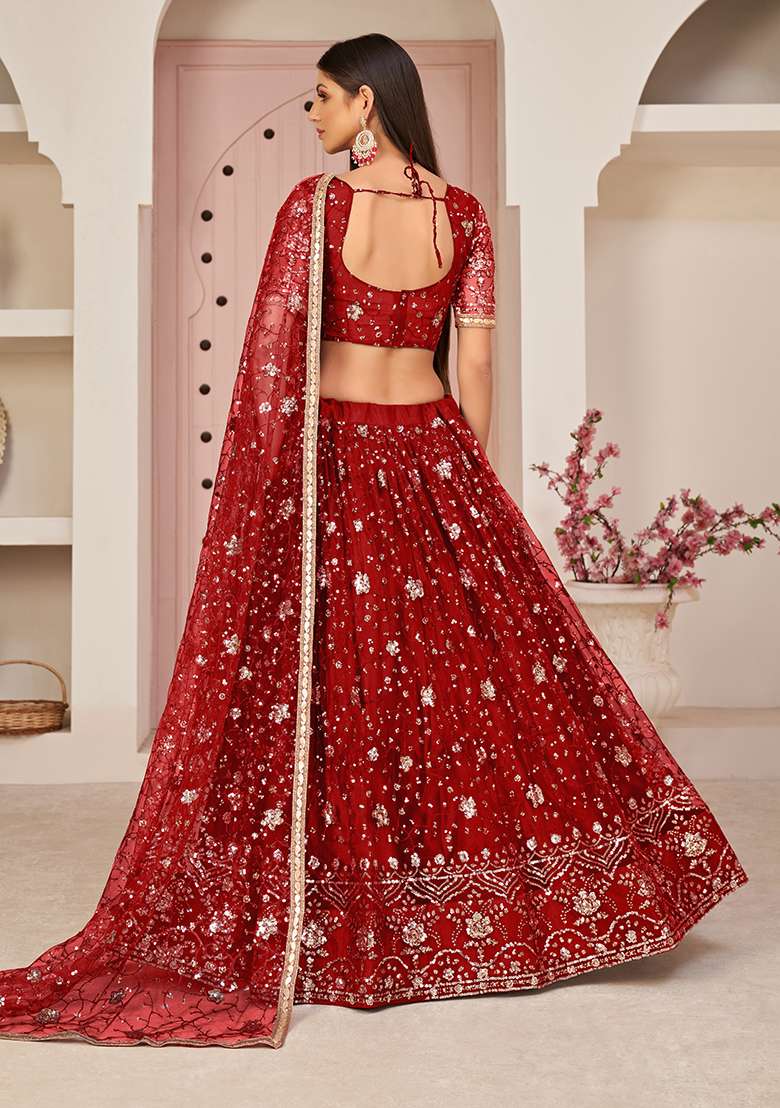 Red Embroidery Net Lehenga Set for Diwali and Festive Wear - Indya