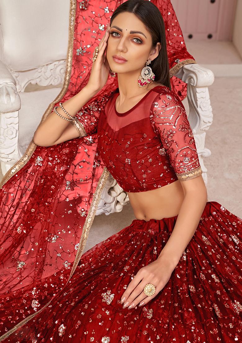 Red Embroidery Net Lehenga Set - Indya