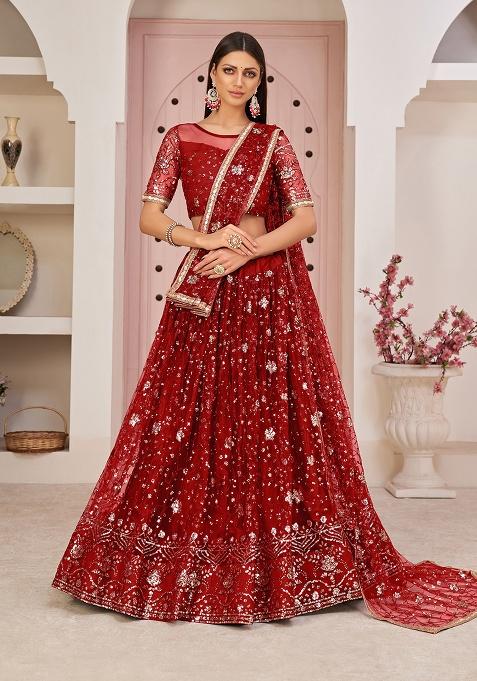 Red Embroidery Net Lehenga Set
