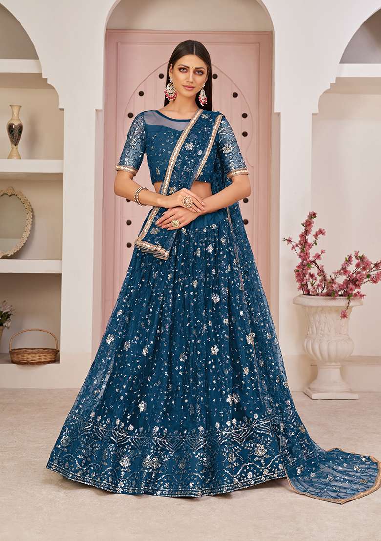 Morpeach Net Lehenga Set with Embroidery for Diwali | Wedding & Festive Wear - Indya