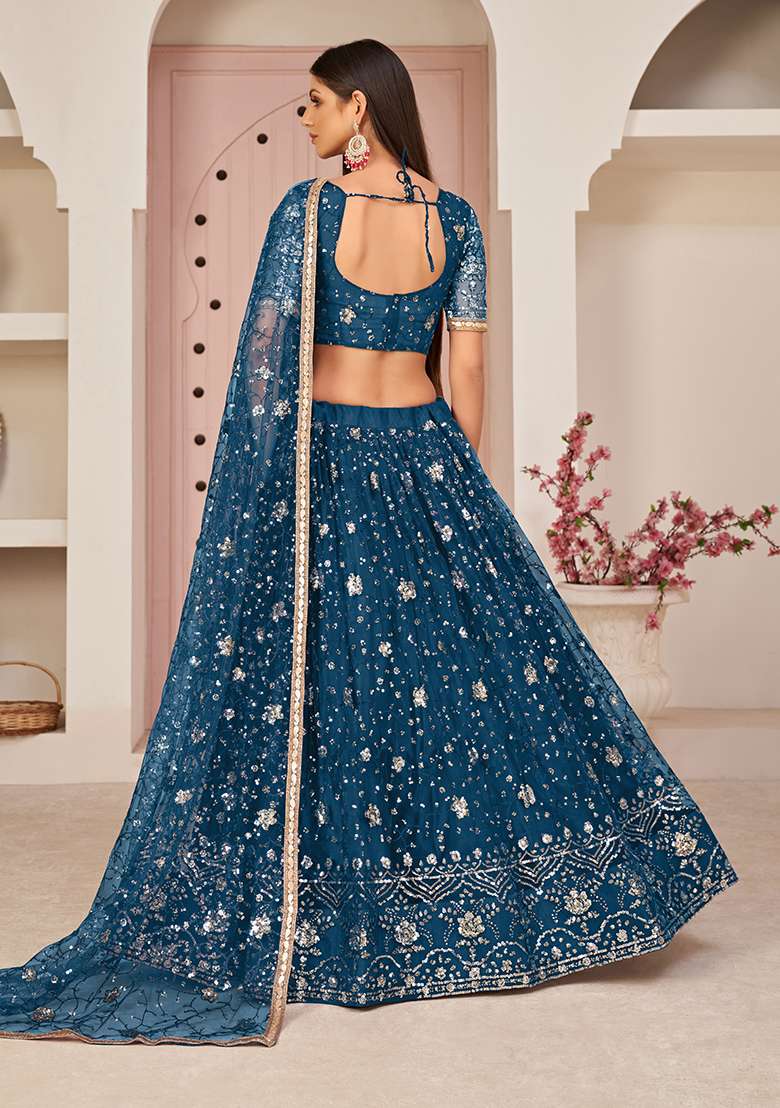 Morpeach Net Lehenga Set with Embroidery for Diwali | Wedding & Festive Wear - Indya