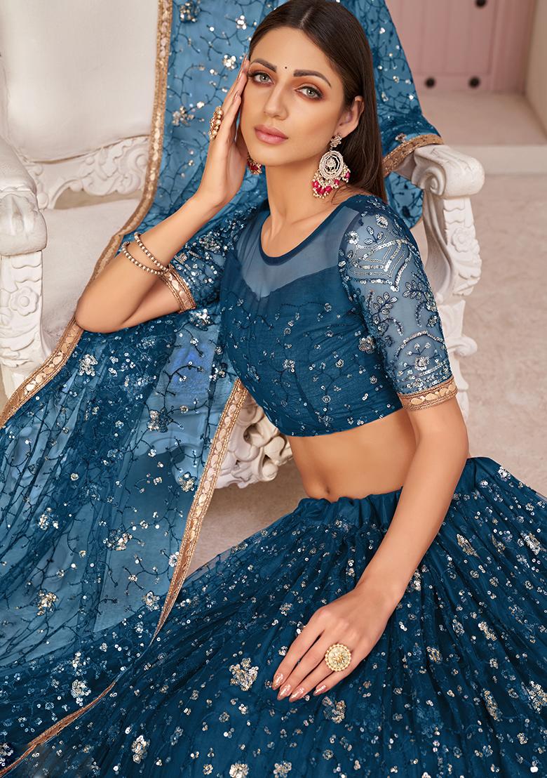 Morpeach Embroidery Net Lehenga Set - Indya