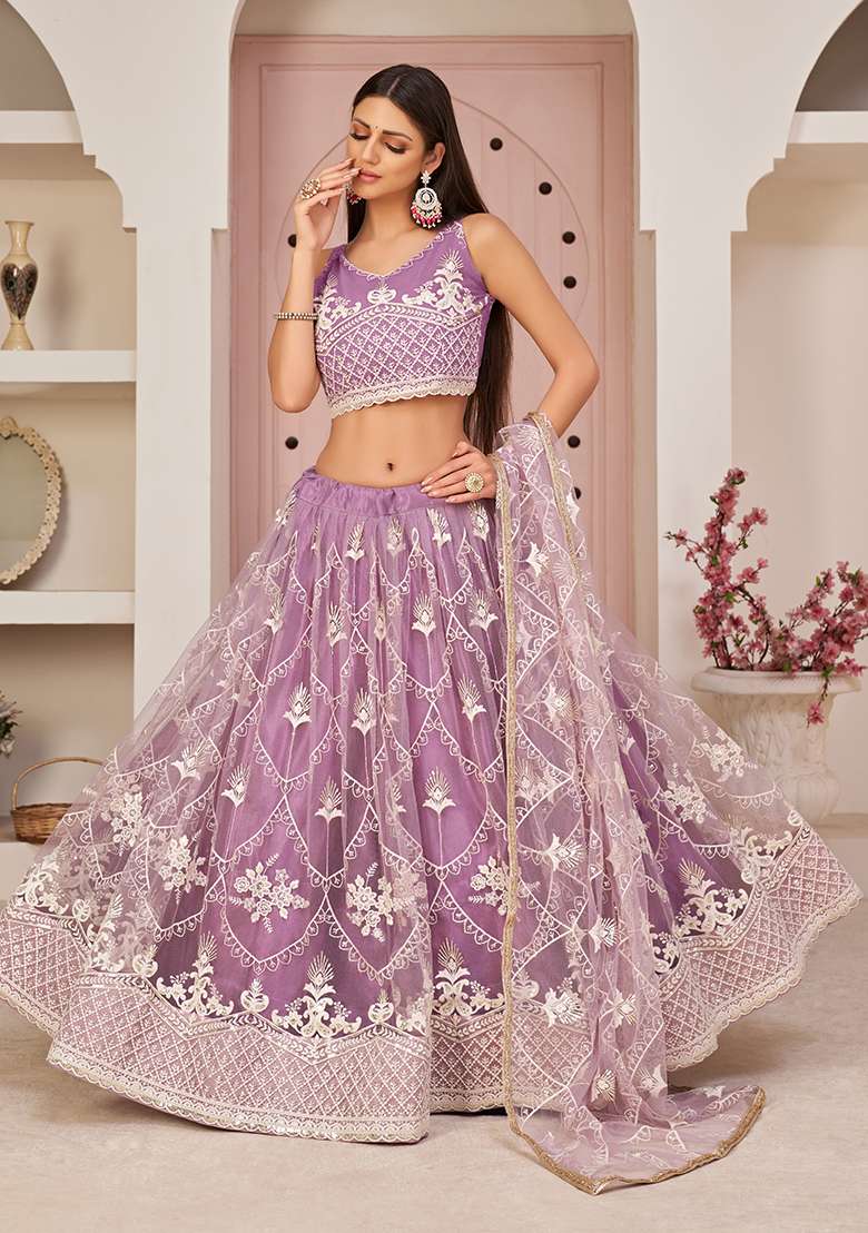 Lavender Net Lehenga Set with Embroidery for Diwali | Wedding & Festive Wear - Indya