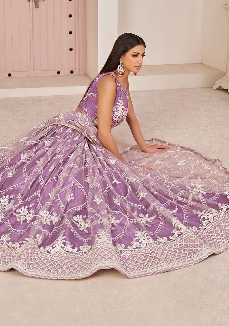 Lavender Net Lehenga Set with Embroidery for Diwali | Wedding & Festive Wear - Indya