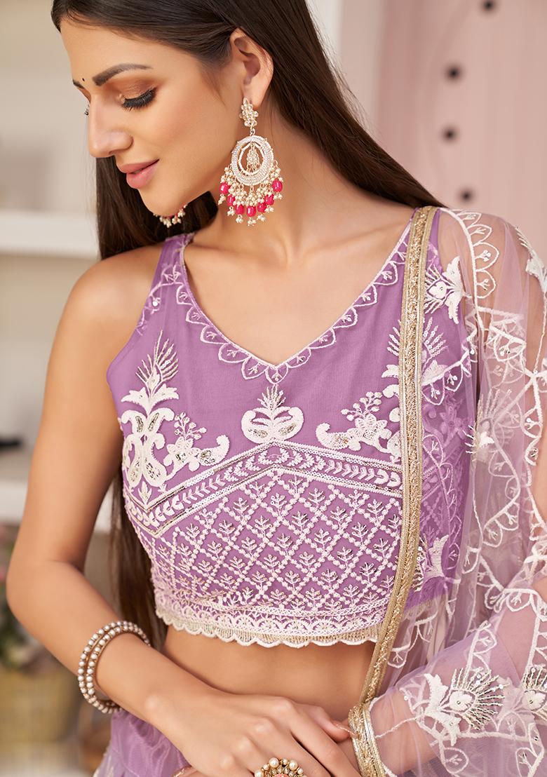 Lavender Embroidery Net Lehenga Set - Indya