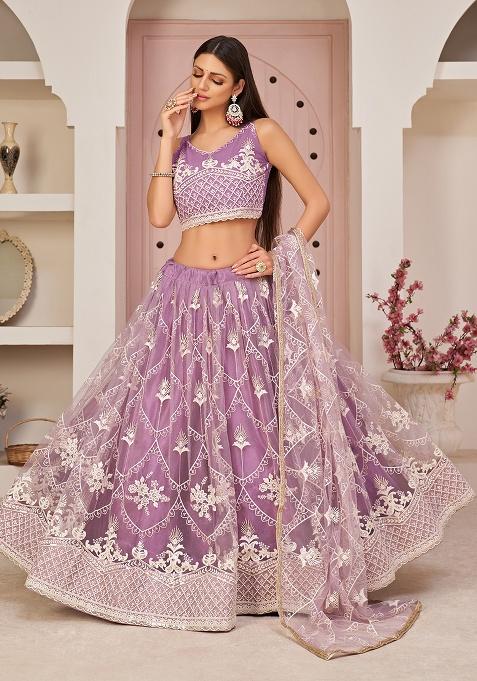 Lavender Embroidery Net Lehenga Set