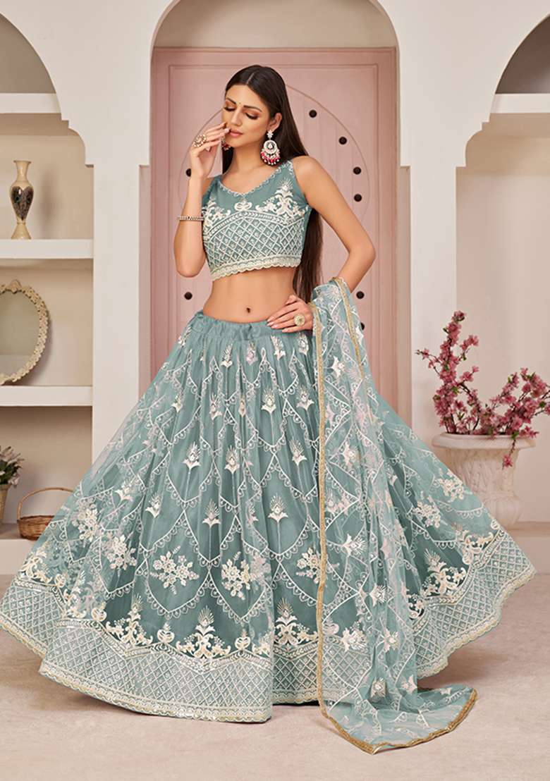 Ocean Blue Net Lehenga Set with Embroidery for Diwali | Wedding & Festive Wear - Indya