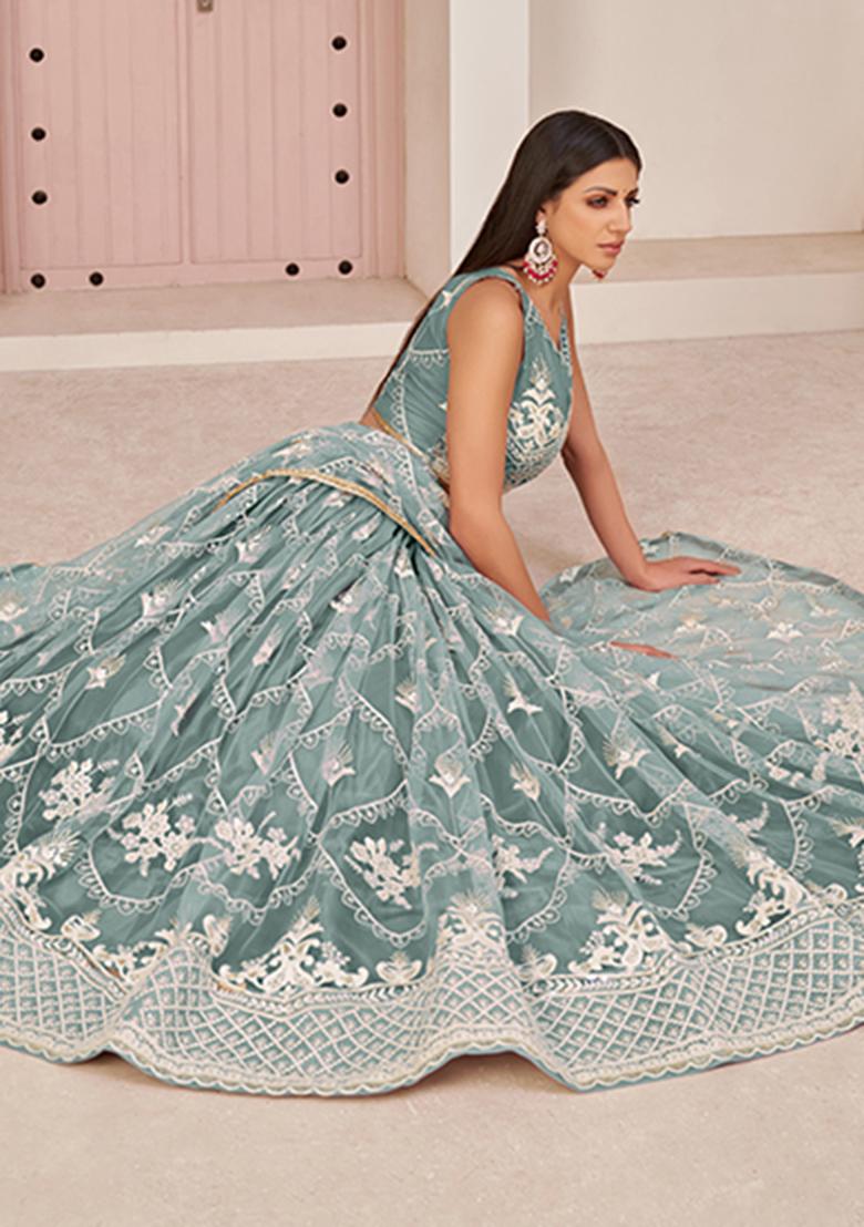 Ocean Blue Embroidery Net Lehenga Set - Indya