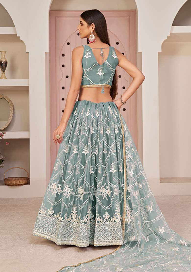 Ocean Blue Net Lehenga Set with Embroidery for Diwali | Wedding & Festive Wear - Indya