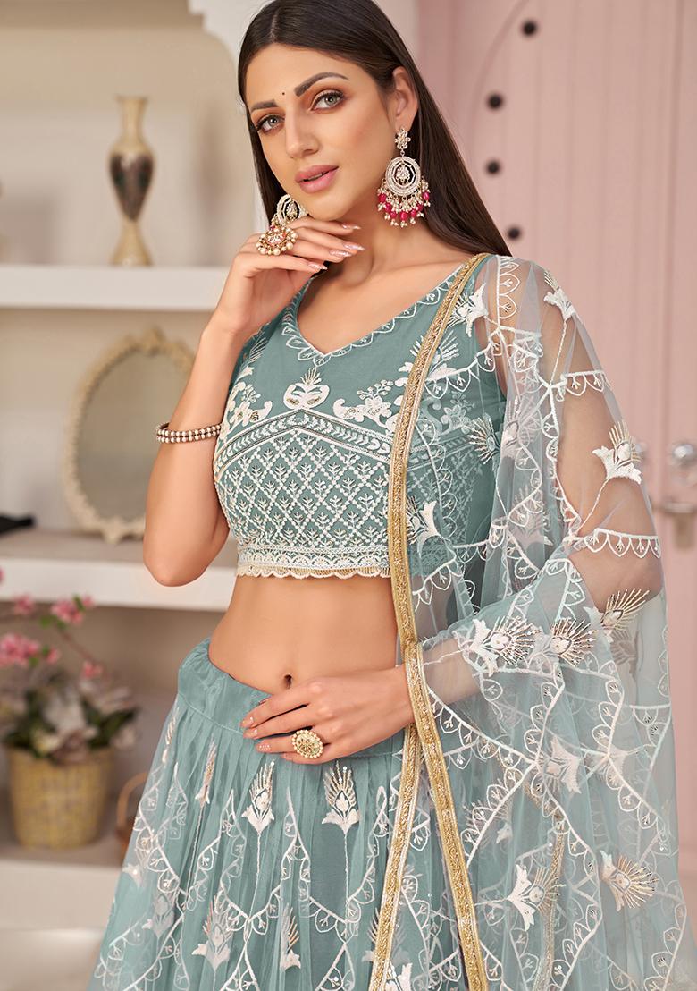 Ocean Blue Embroidery Net Lehenga Set - Indya