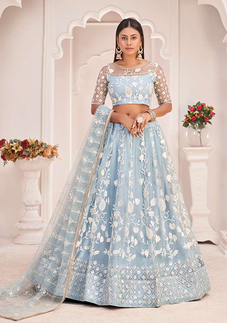 Light Sky Embroidery Net Lehenga Set for Diwali and Festive Wear - Indya