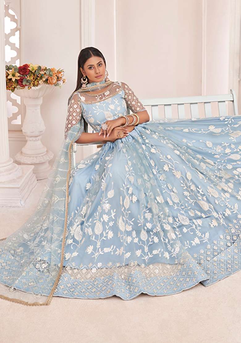 Light Sky Embroidery Net Lehenga Set for Diwali and Festive Wear - Indya