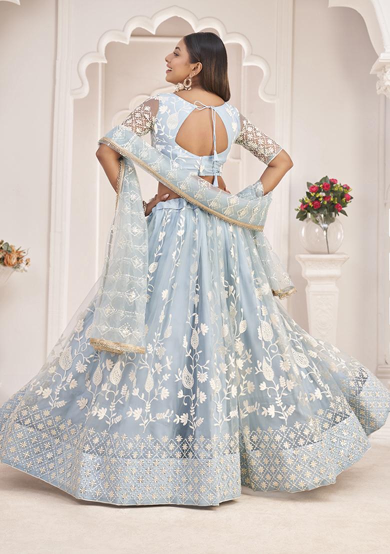 Light Sky Embroidery Net Lehenga Set - Indya