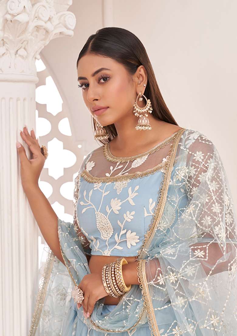 Light Sky Embroidery Net Lehenga Set for Diwali and Festive Wear - Indya