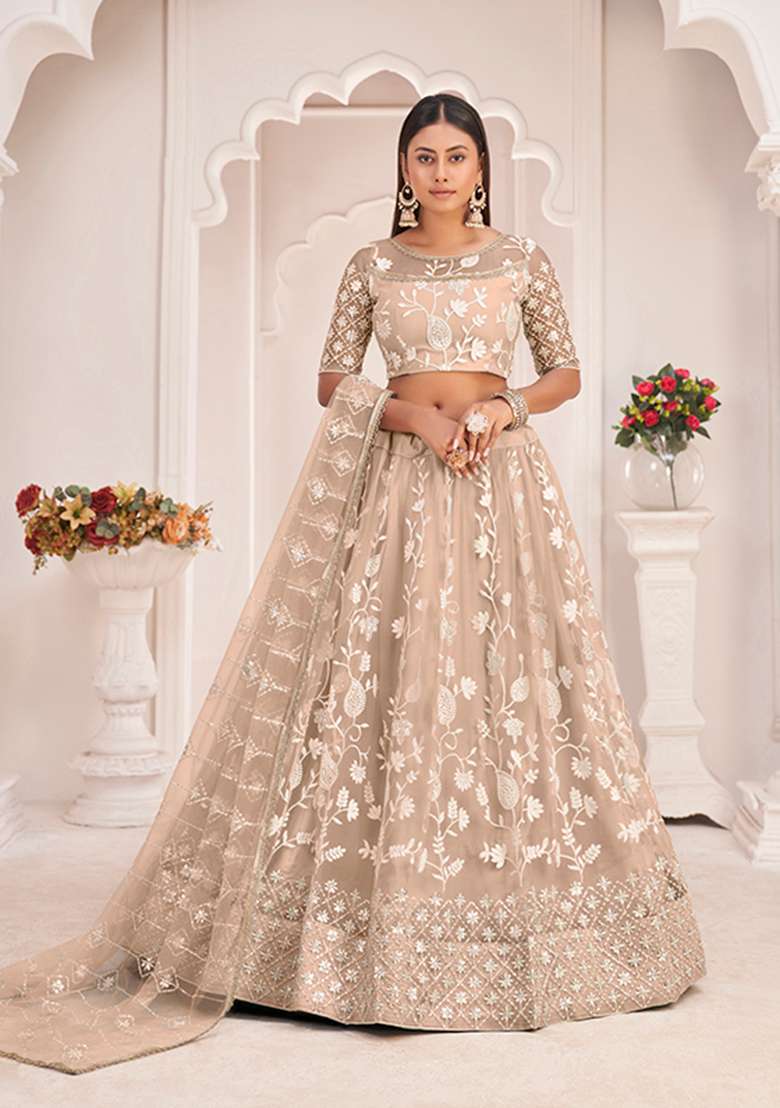 Dusty Chiku Embroidery Net Lehenga Set for Diwali and Festive Wear - Indya