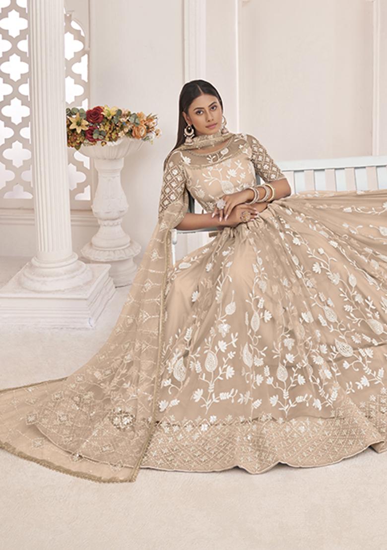 Dusty Chiku Embroidery Net Lehenga Set - Indya