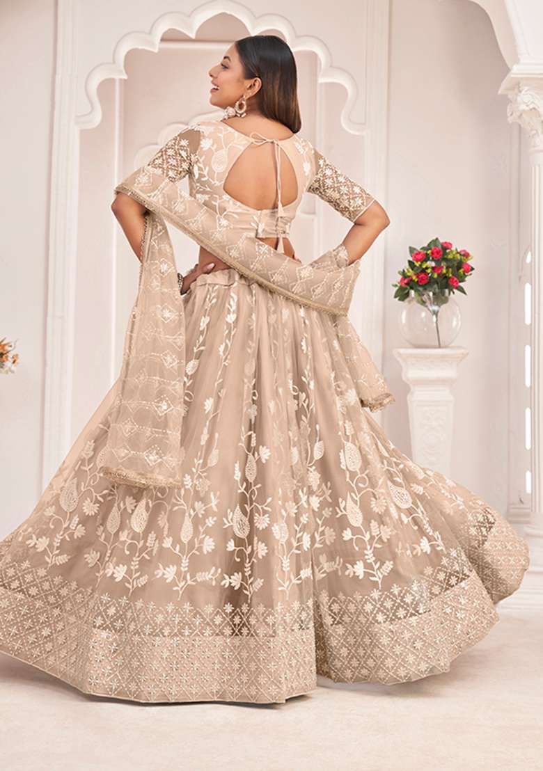 Dusty Chiku Embroidery Net Lehenga Set for Diwali and Festive Wear - Indya