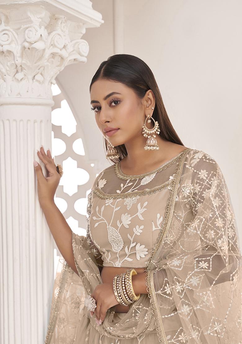 Dusty Chiku Embroidery Net Lehenga Set - Indya