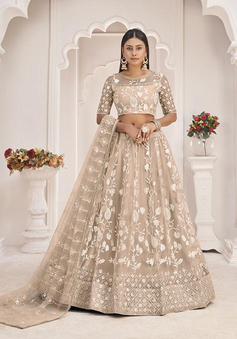 Dusty Chiku Embroidery Net Lehenga Set