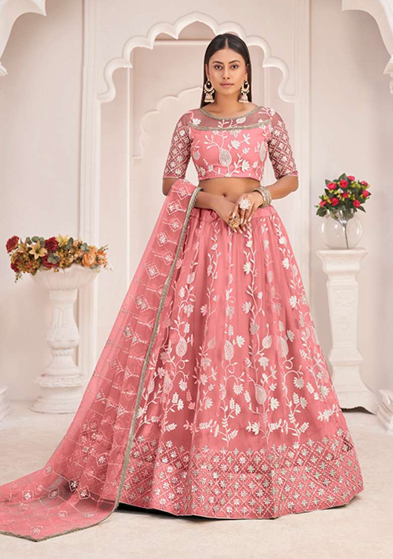 Gajari Net Lehenga Set with Embroidery for Diwali | Wedding & Festive Wear - Indya
