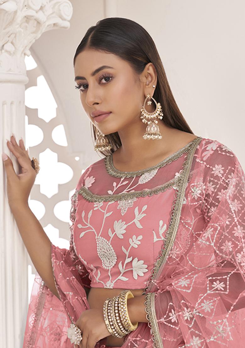 Gajari Embroidery Net Lehenga Set - Indya