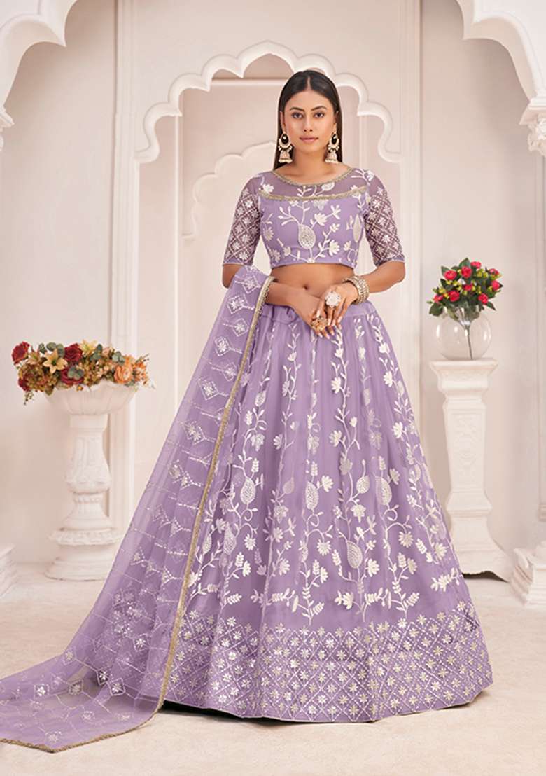 Lavender Embroidery Net Lehenga Set for Diwali and Festive Wear - Indya