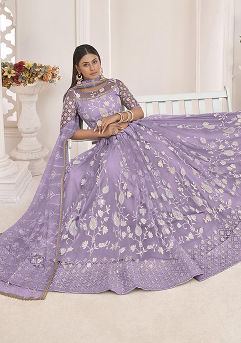 Lavender Embroidery Net Lehenga Set - Indya