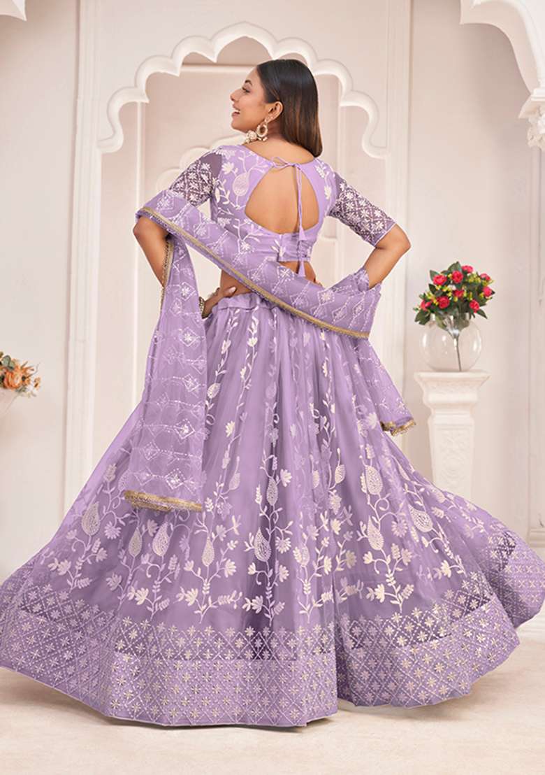 Lavender Embroidery Net Lehenga Set for Diwali and Festive Wear - Indya