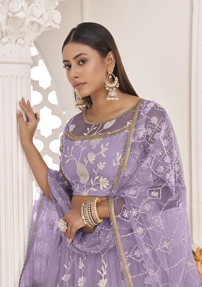 Lavender Embroidery Net Lehenga Set - Indya