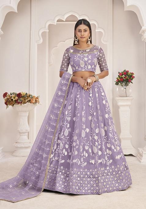 Lavender Embroidery Net Lehenga Set