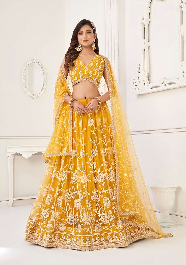 Musterd Yellow Embroidery Net Lehenga Set for Diwali and Festive Wear - Indya