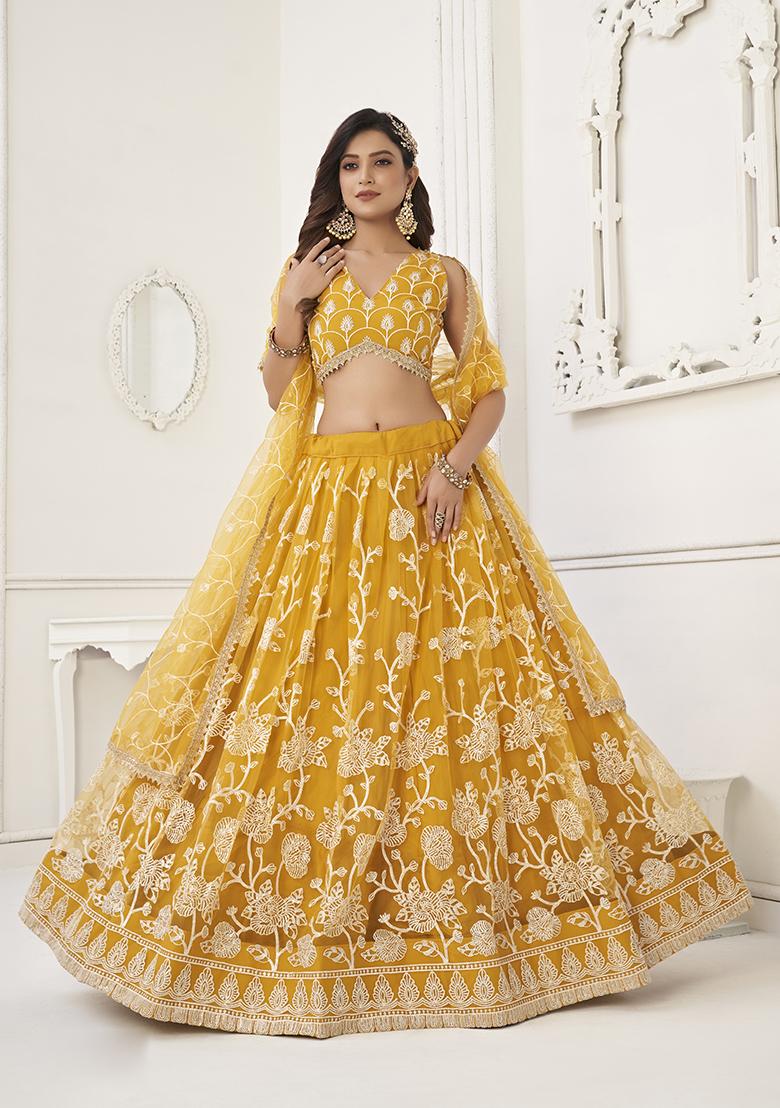 Musterd Yellow Embroidery Net Lehenga Set - Indya