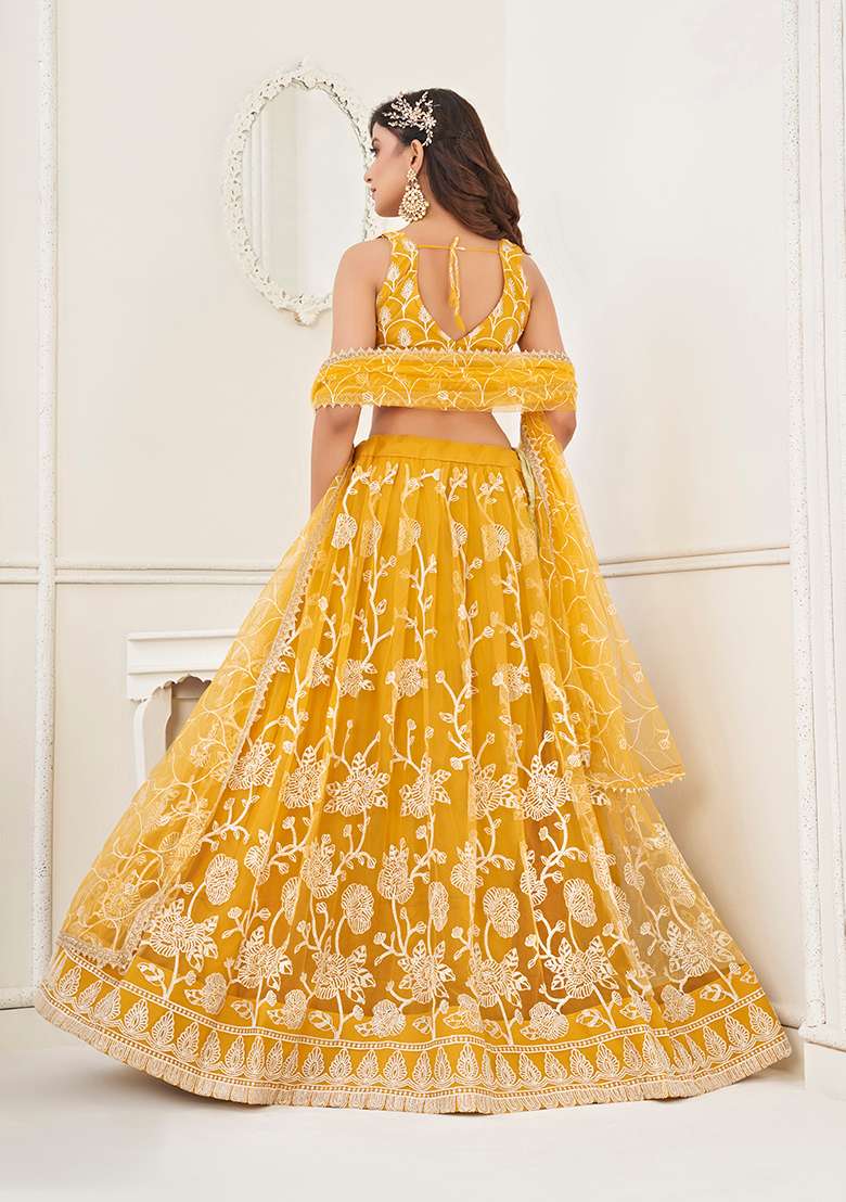 Musterd Yellow Embroidery Net Lehenga Set for Diwali and Festive Wear - Indya