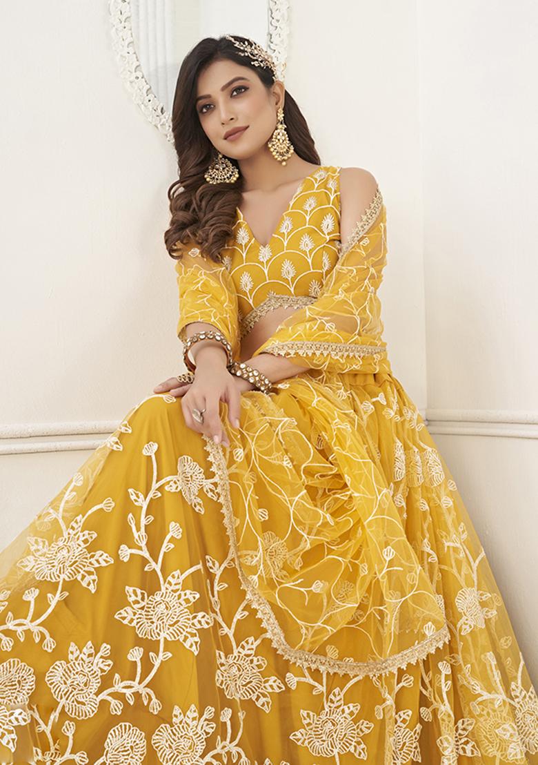 Musterd Yellow Embroidery Net Lehenga Set - Indya