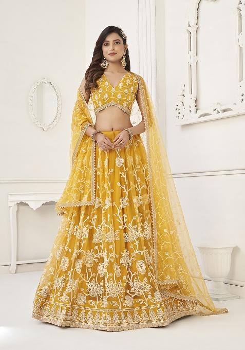 Musterd Yellow Embroidery Net Lehenga Set