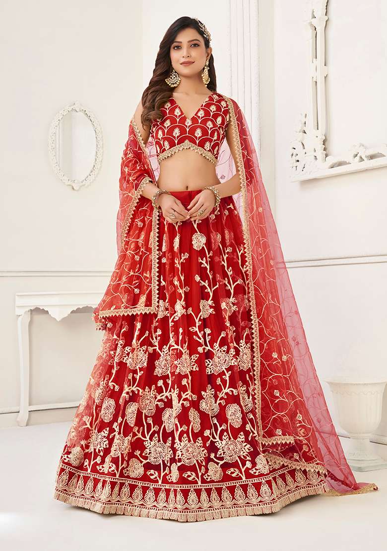 Red Net Lehenga Set with Embroidery for Diwali | Wedding & Festive Wear - Indya