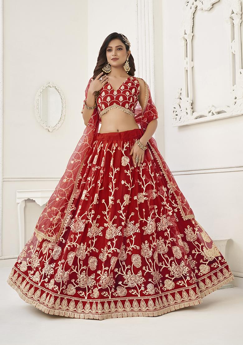Red Embroidery Net Lehenga Set - Indya