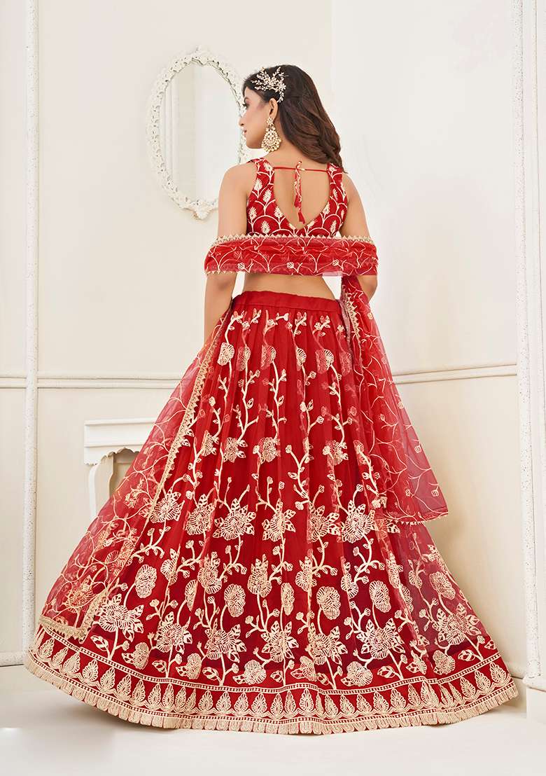 Red Net Lehenga Set with Embroidery for Diwali | Wedding & Festive Wear - Indya