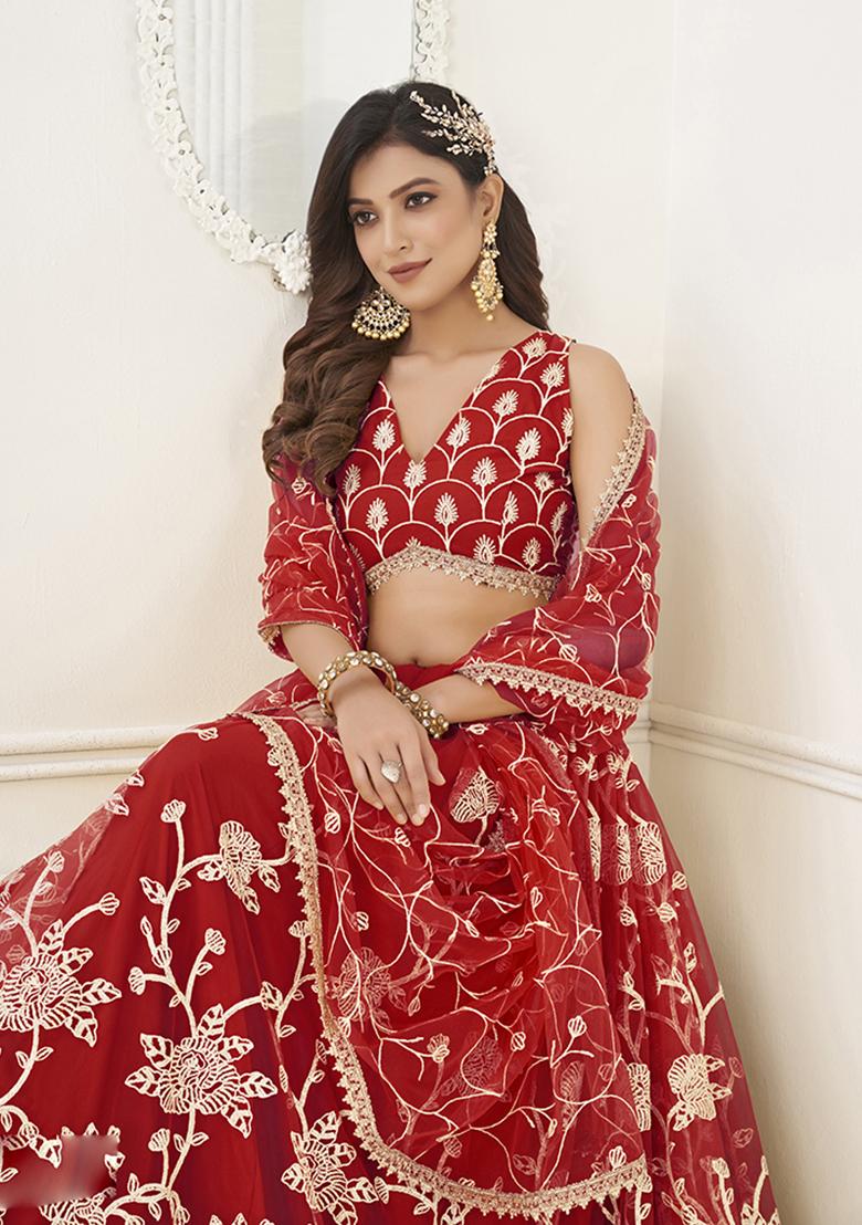 Red Embroidery Net Lehenga Set - Indya