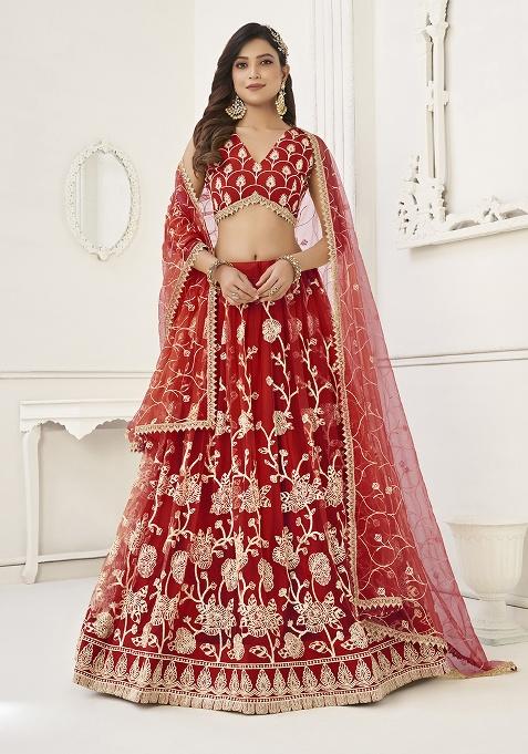 Red Embroidery Net Lehenga Set