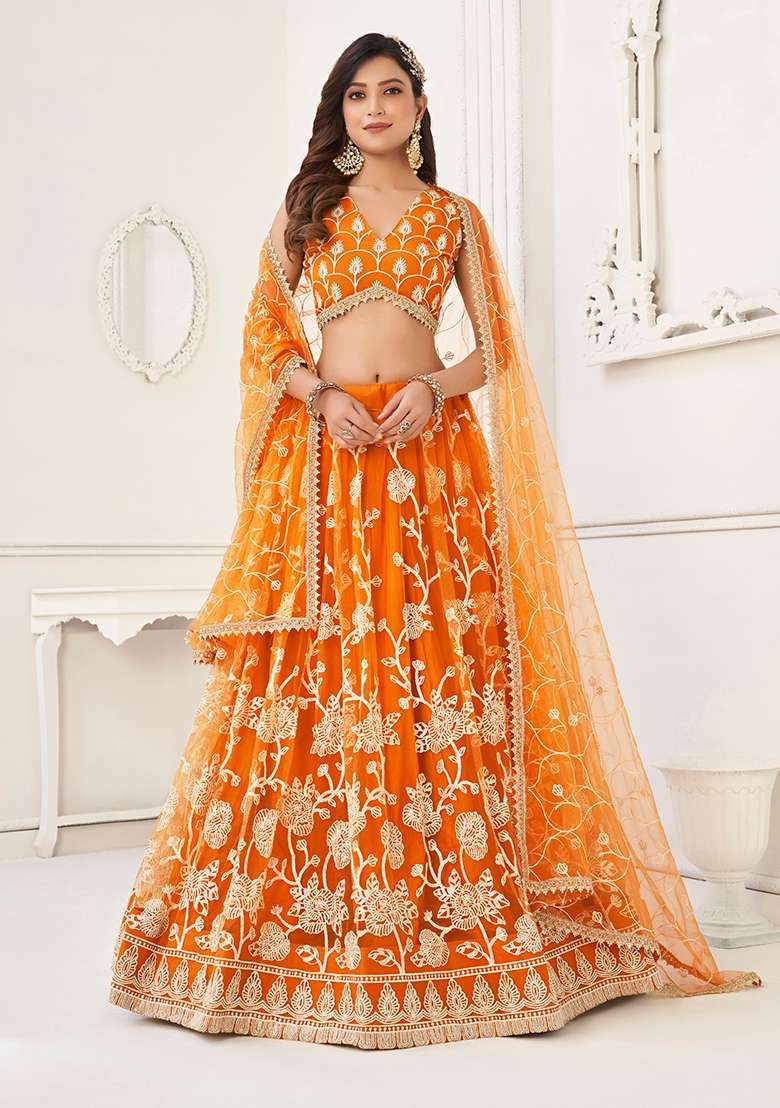 Orange Embroidery Net Lehenga Set for Diwali and Festive Wear - Indya