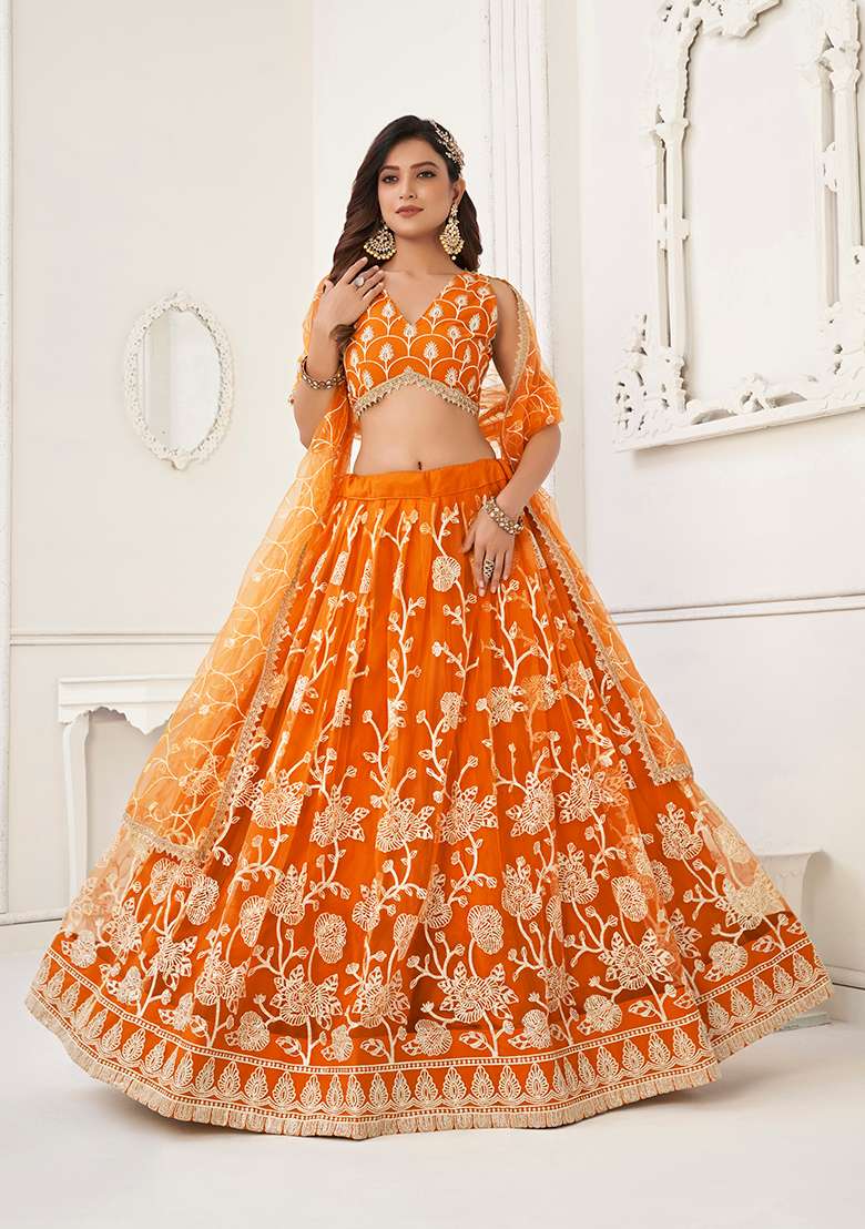 Orange Embroidery Net Lehenga Set for Diwali and Festive Wear - Indya