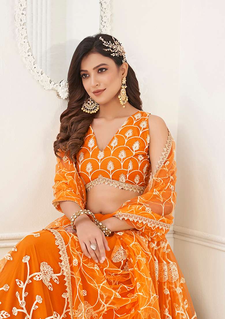 Orange Embroidery Net Lehenga Set for Diwali and Festive Wear - Indya