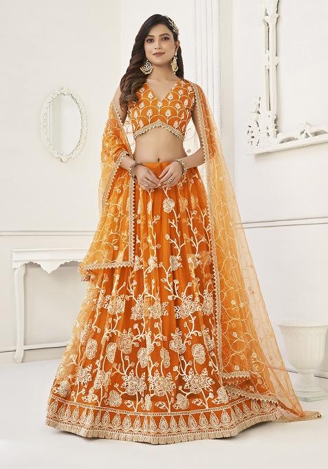 Orange Embroidery Net Lehenga Set