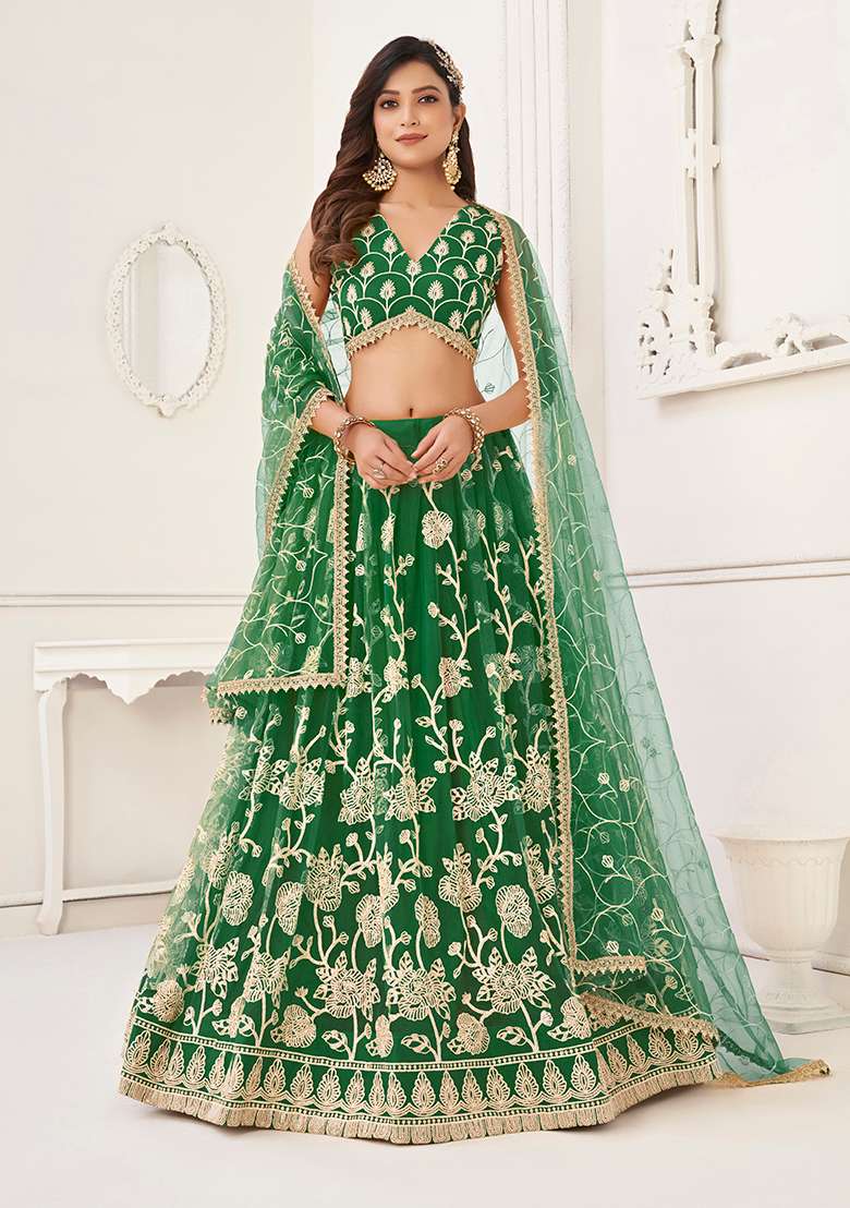 Pista Green Net Lehenga Set with Embroidery for Diwali | Wedding & Festive Wear - Indya