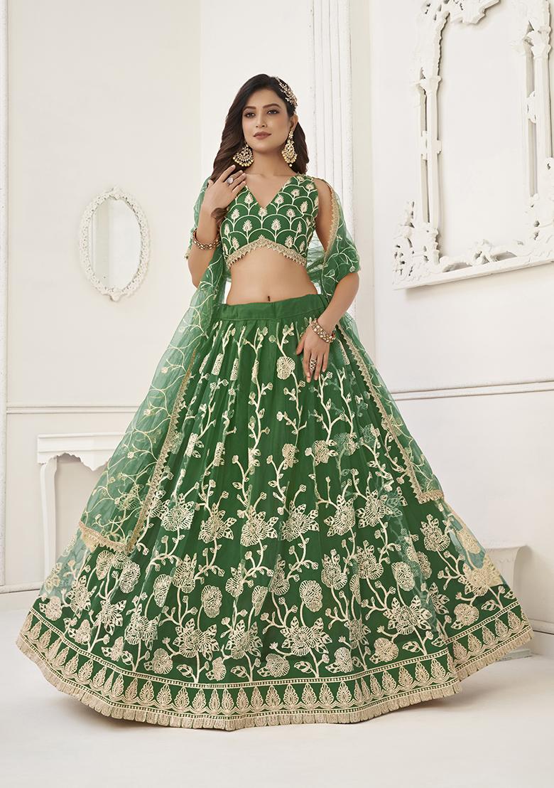 Pista Green Embroidery Net Lehenga Set - Indya